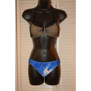 Womens Black High Neck Halter Black Gold Black Mesh Panel Bikini Swim Top Medium